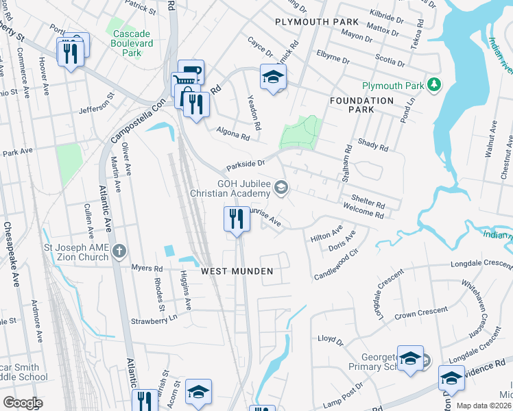 map of restaurants, bars, coffee shops, grocery stores, and more near 2620 Sunrise Avenue in Chesapeake