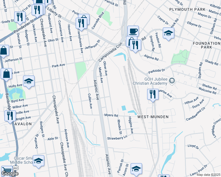map of restaurants, bars, coffee shops, grocery stores, and more near 1754 Oliver Avenue in Chesapeake