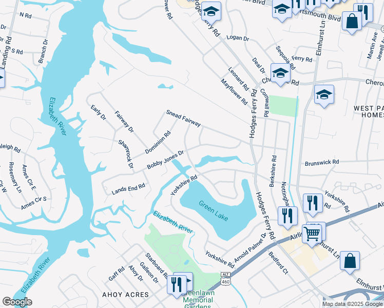 map of restaurants, bars, coffee shops, grocery stores, and more near 402 Chandler Harper Drive in Portsmouth