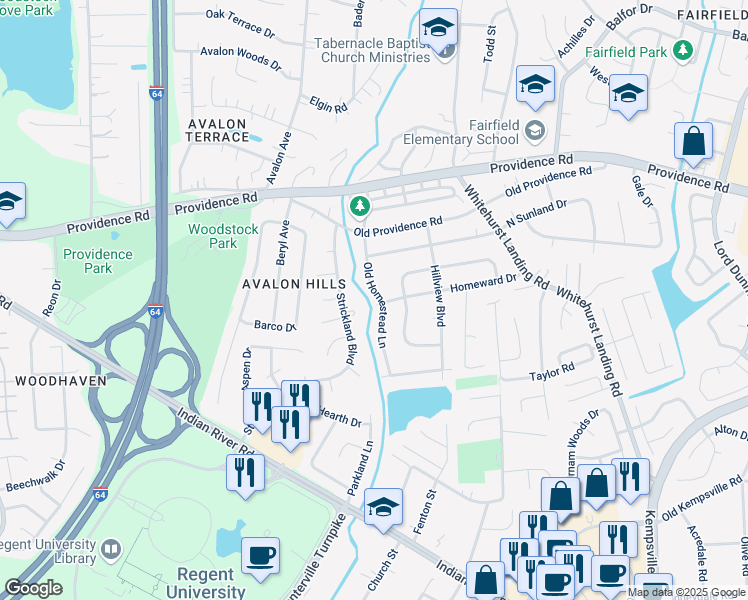map of restaurants, bars, coffee shops, grocery stores, and more near 1004 Old Homestead Lane in Virginia Beach