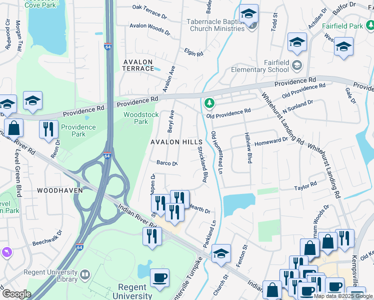 map of restaurants, bars, coffee shops, grocery stores, and more near 5662 Heathwood Court in Virginia Beach