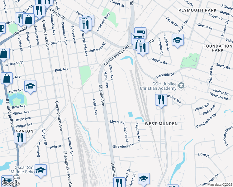 map of restaurants, bars, coffee shops, grocery stores, and more near 1754 Oliver Avenue in Chesapeake