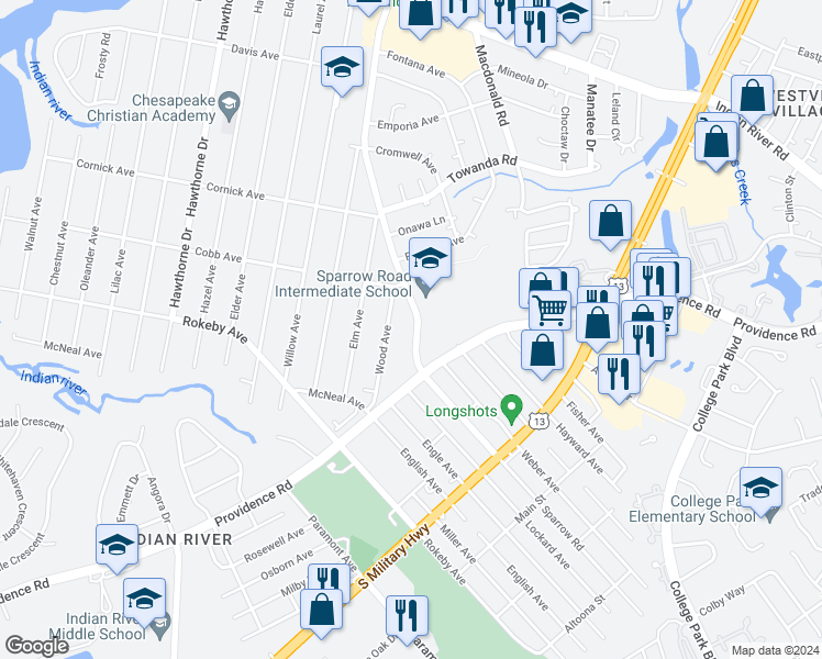 map of restaurants, bars, coffee shops, grocery stores, and more near 1616 Sparrow Road in Chesapeake
