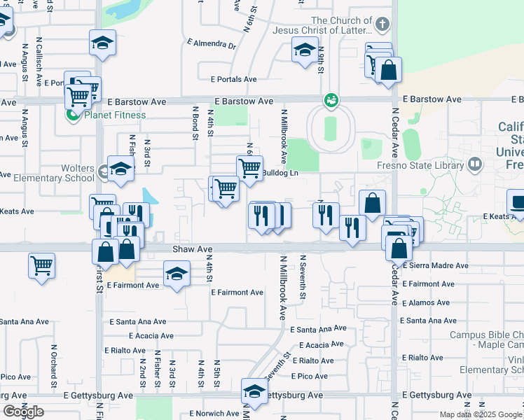 map of restaurants, bars, coffee shops, grocery stores, and more near 5070 N 6th St in Fresno
