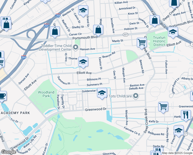 map of restaurants, bars, coffee shops, grocery stores, and more near 419 Biltmore Place in Portsmouth