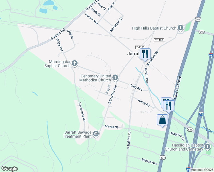 map of restaurants, bars, coffee shops, grocery stores, and more near 308 Ivey Street in Jarratt