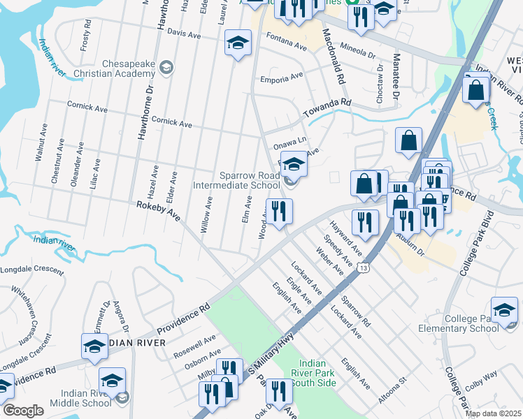 map of restaurants, bars, coffee shops, grocery stores, and more near 1519 Wood Avenue in Chesapeake