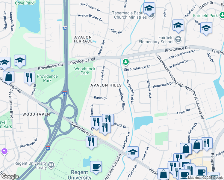 map of restaurants, bars, coffee shops, grocery stores, and more near 5662 Heathwood Court in Virginia Beach