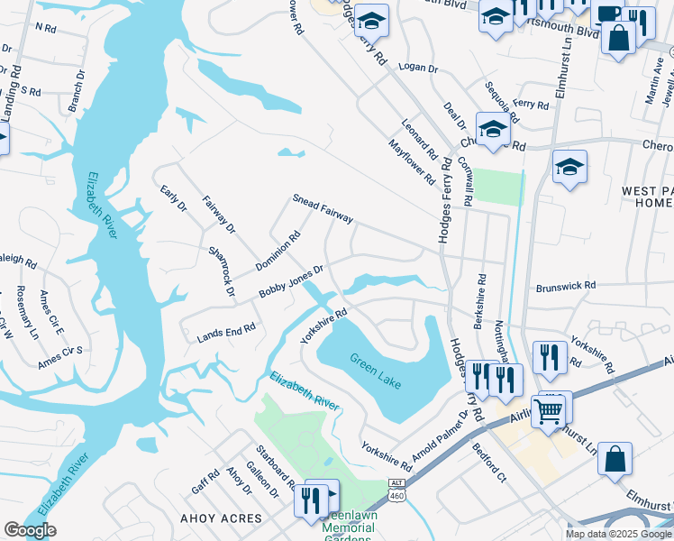 map of restaurants, bars, coffee shops, grocery stores, and more near 402 Chandler Harper Drive in Portsmouth