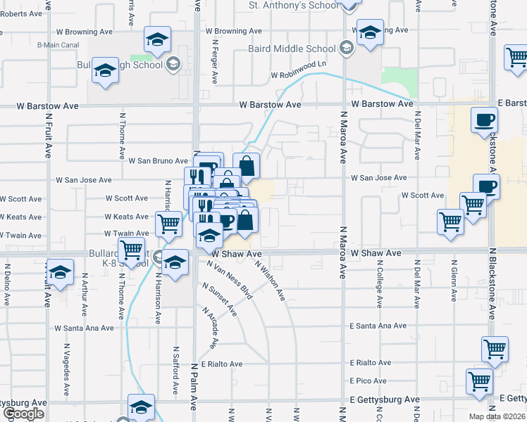 map of restaurants, bars, coffee shops, grocery stores, and more near 5075 North Roosevelt Avenue in Fresno