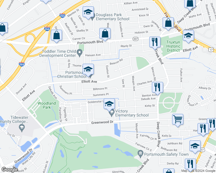 map of restaurants, bars, coffee shops, grocery stores, and more near 413 Biltmore Place in Portsmouth