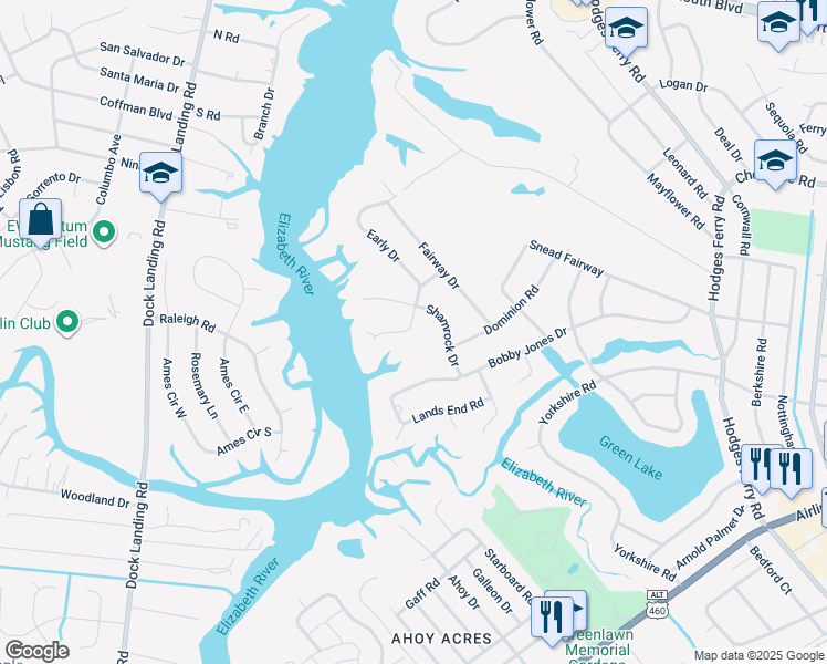 map of restaurants, bars, coffee shops, grocery stores, and more near 32 Early Drive in Portsmouth