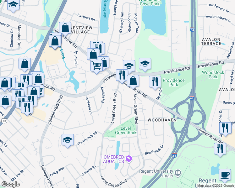 map of restaurants, bars, coffee shops, grocery stores, and more near 1001 Commonwealth Place in Virginia Beach