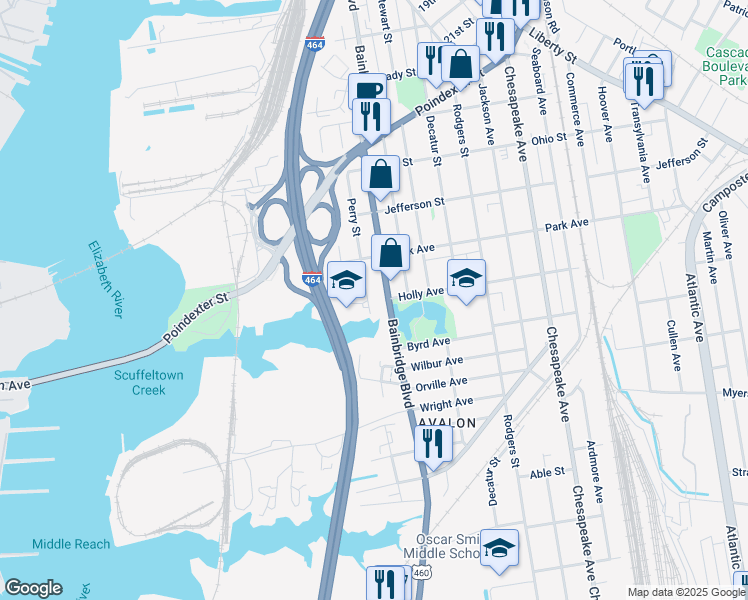 map of restaurants, bars, coffee shops, grocery stores, and more near 1441 Perry Street in Chesapeake