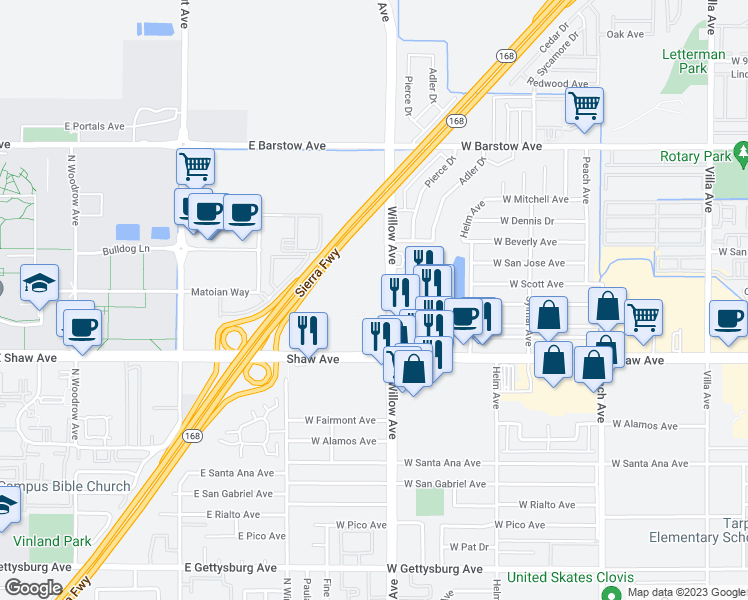 map of restaurants, bars, coffee shops, grocery stores, and more near 4 in Clovis