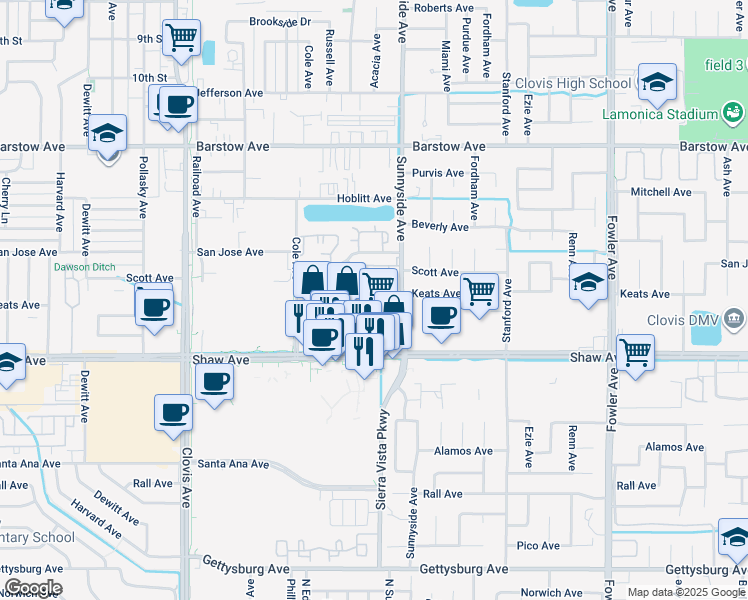 map of restaurants, bars, coffee shops, grocery stores, and more near 1810 Sunnyside Avenue in Clovis