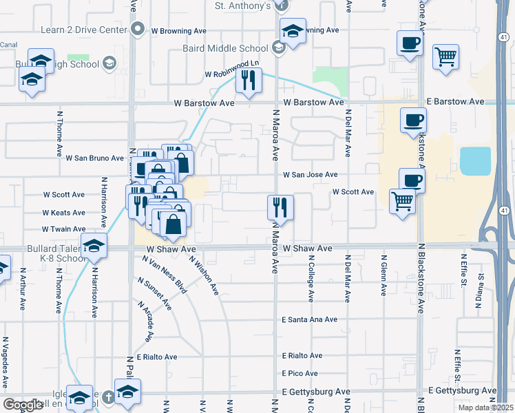 map of restaurants, bars, coffee shops, grocery stores, and more near 453 West Keats Avenue in Fresno