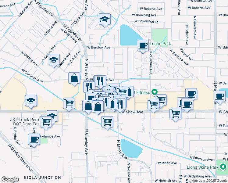 map of restaurants, bars, coffee shops, grocery stores, and more near 3632 West Shaw Avenue in Fresno