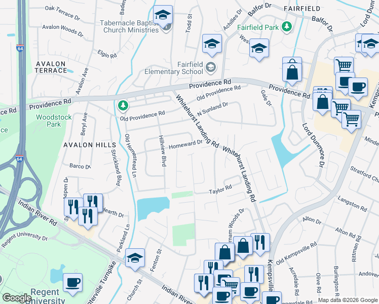 map of restaurants, bars, coffee shops, grocery stores, and more near 1164 Taylor Road in Virginia Beach