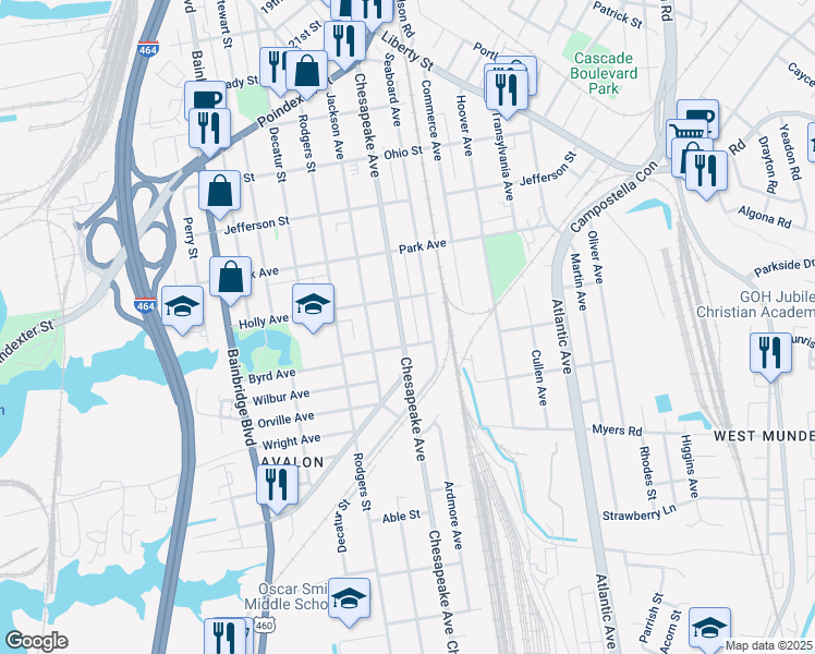 map of restaurants, bars, coffee shops, grocery stores, and more near 1529 Chesapeake Avenue in Chesapeake