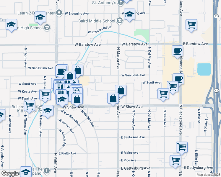 map of restaurants, bars, coffee shops, grocery stores, and more near 453 West Keats Avenue in Fresno