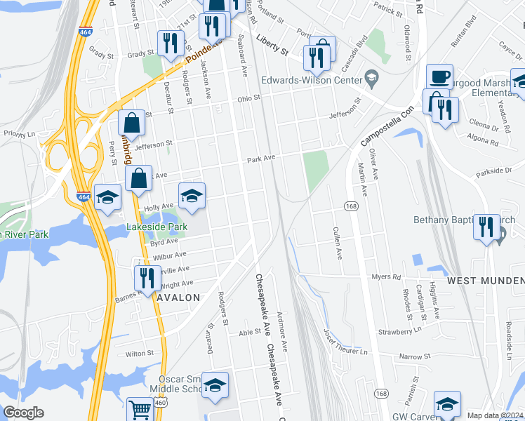 map of restaurants, bars, coffee shops, grocery stores, and more near 1524 Seaboard Avenue in Chesapeake