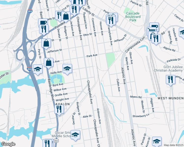 map of restaurants, bars, coffee shops, grocery stores, and more near 1524 Seaboard Avenue in Chesapeake