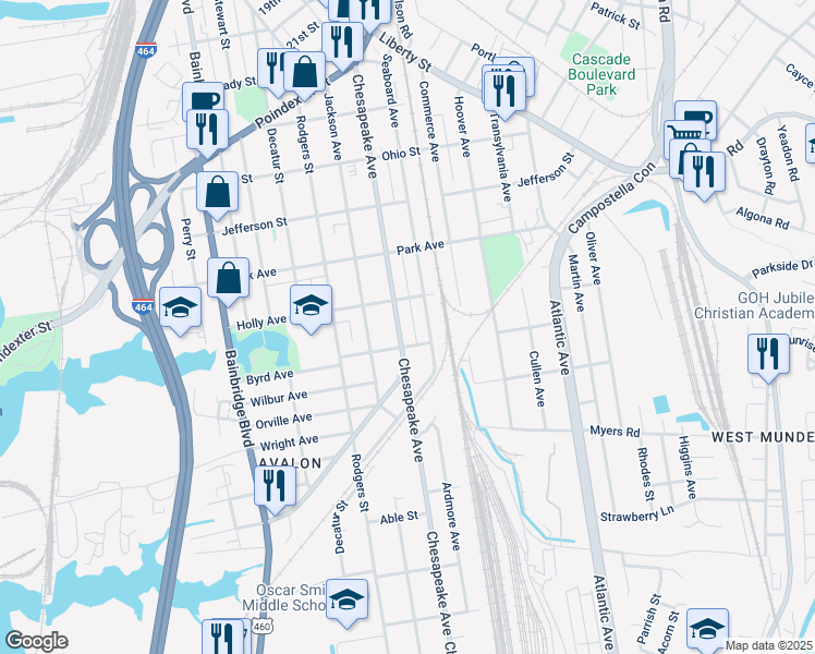 map of restaurants, bars, coffee shops, grocery stores, and more near 1529 Chesapeake Avenue in Chesapeake