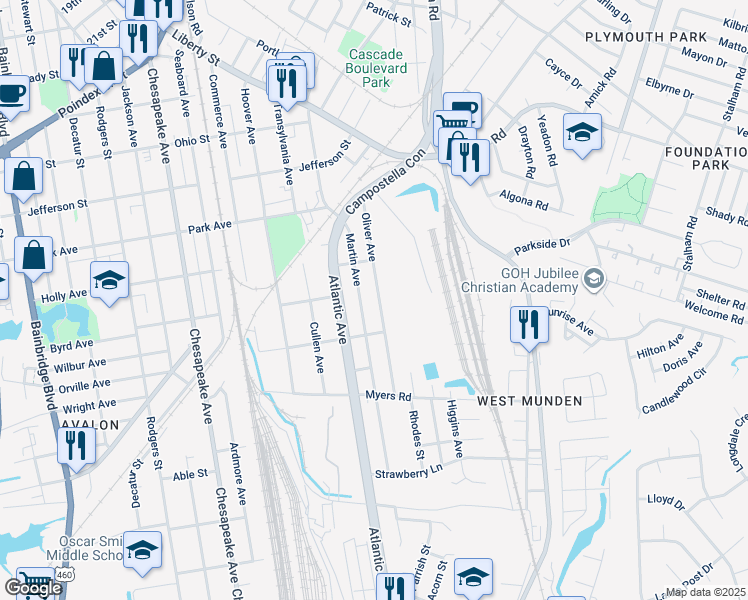 map of restaurants, bars, coffee shops, grocery stores, and more near 1706 Oliver Avenue in Chesapeake