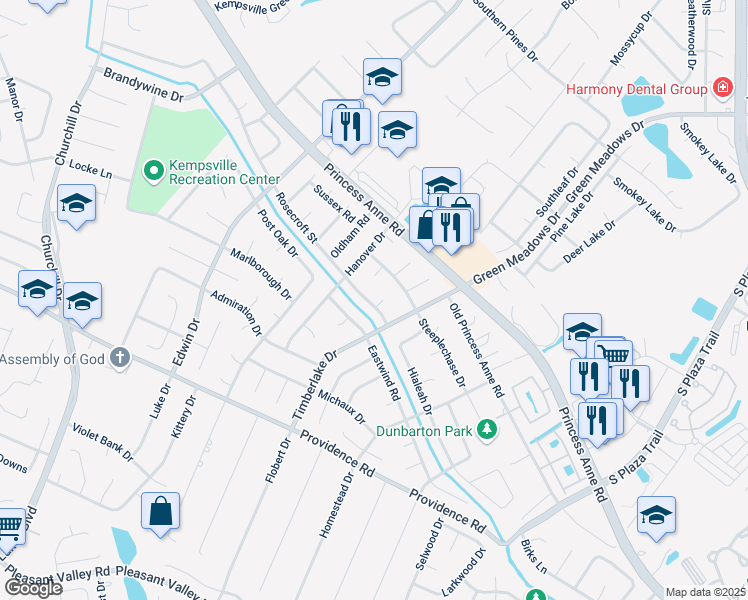 map of restaurants, bars, coffee shops, grocery stores, and more near 4679 Rosecroft Street in Virginia Beach
