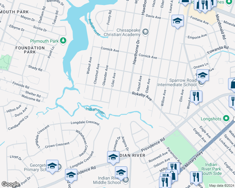 map of restaurants, bars, coffee shops, grocery stores, and more near 1605 Myrtle Avenue in Chesapeake