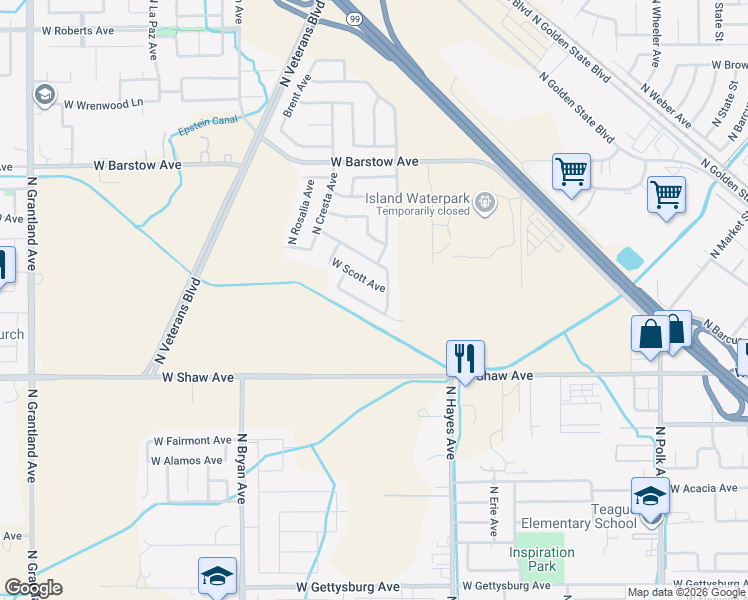map of restaurants, bars, coffee shops, grocery stores, and more near 6149 West KEATS Avenue in Fresno