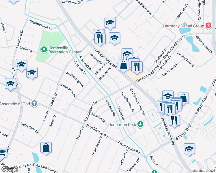 map of restaurants, bars, coffee shops, grocery stores, and more near 4679 Rosecroft Street in Virginia Beach