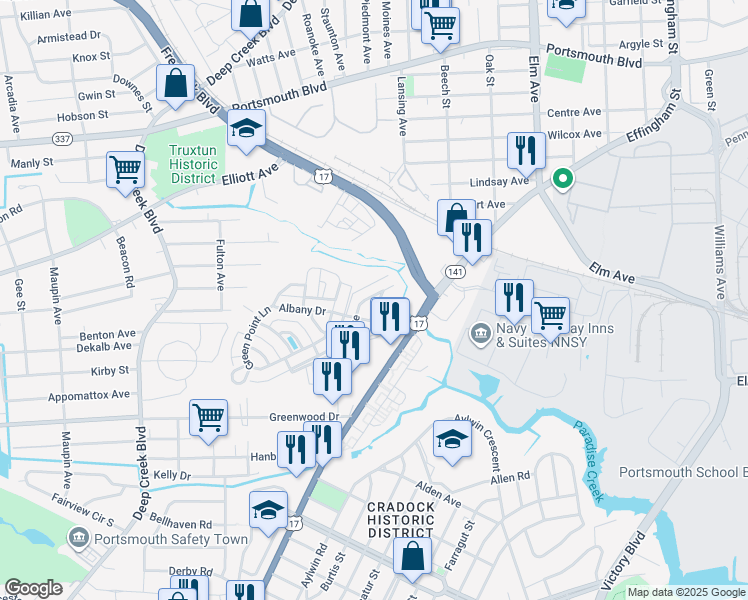 map of restaurants, bars, coffee shops, grocery stores, and more near 4 Treakle Terrace in Portsmouth