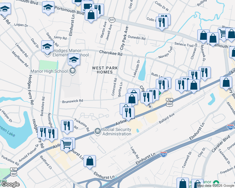map of restaurants, bars, coffee shops, grocery stores, and more near 737 Brunswick Road in Portsmouth