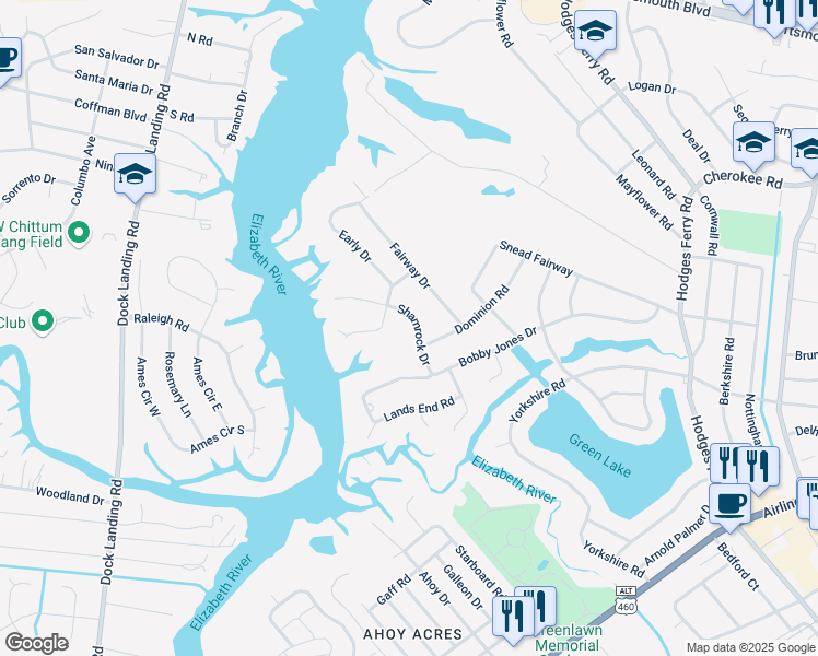 map of restaurants, bars, coffee shops, grocery stores, and more near 32 Early Drive in Portsmouth