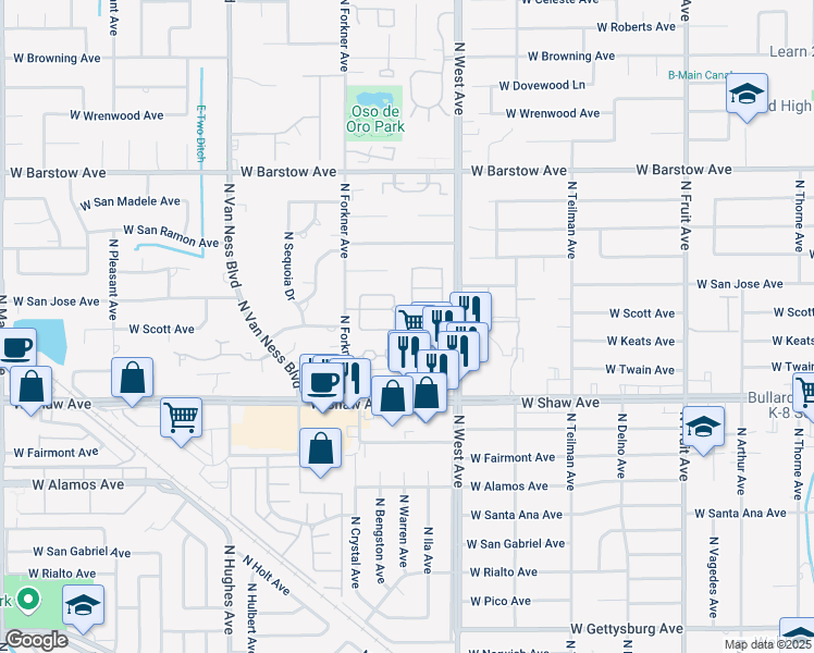 map of restaurants, bars, coffee shops, grocery stores, and more near 5082 North Forkner Avenue in Fresno