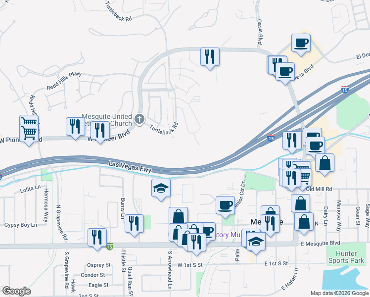 map of restaurants, bars, coffee shops, grocery stores, and more near 436 South Interstate Highway 15 in Mesquite