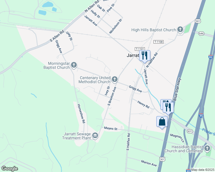 map of restaurants, bars, coffee shops, grocery stores, and more near 308 Ivey Street in Jarratt