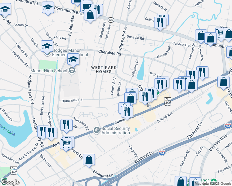 map of restaurants, bars, coffee shops, grocery stores, and more near 737 Brunswick Road in Portsmouth