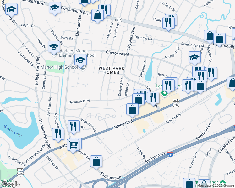 map of restaurants, bars, coffee shops, grocery stores, and more near 404 Concord Road in Portsmouth