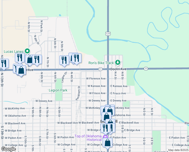 map of restaurants, bars, coffee shops, grocery stores, and more near 223 West Florence Avenue in Blackwell