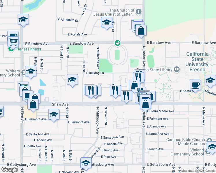 map of restaurants, bars, coffee shops, grocery stores, and more near 1530 East Shaw Avenue in Fresno
