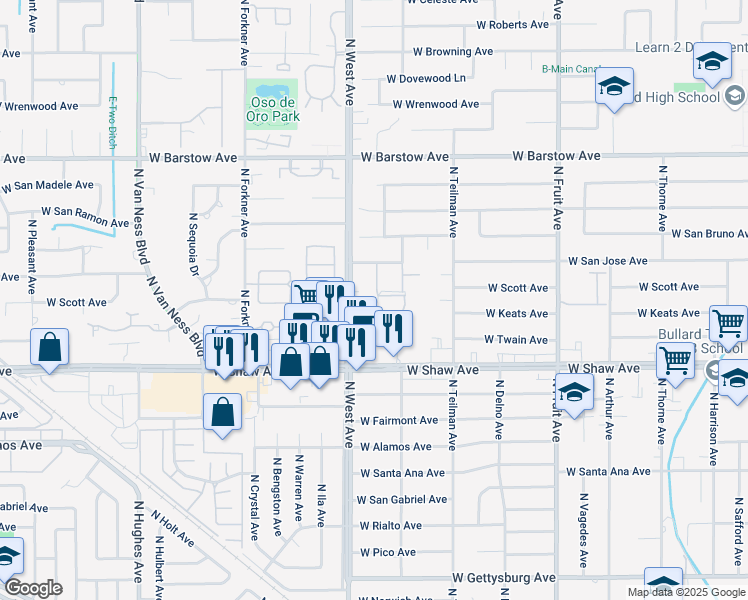 map of restaurants, bars, coffee shops, grocery stores, and more near 1724 West Shaw Avenue in Fresno