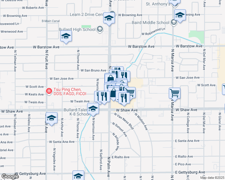 map of restaurants, bars, coffee shops, grocery stores, and more near 5126 North Palm Avenue in Fresno