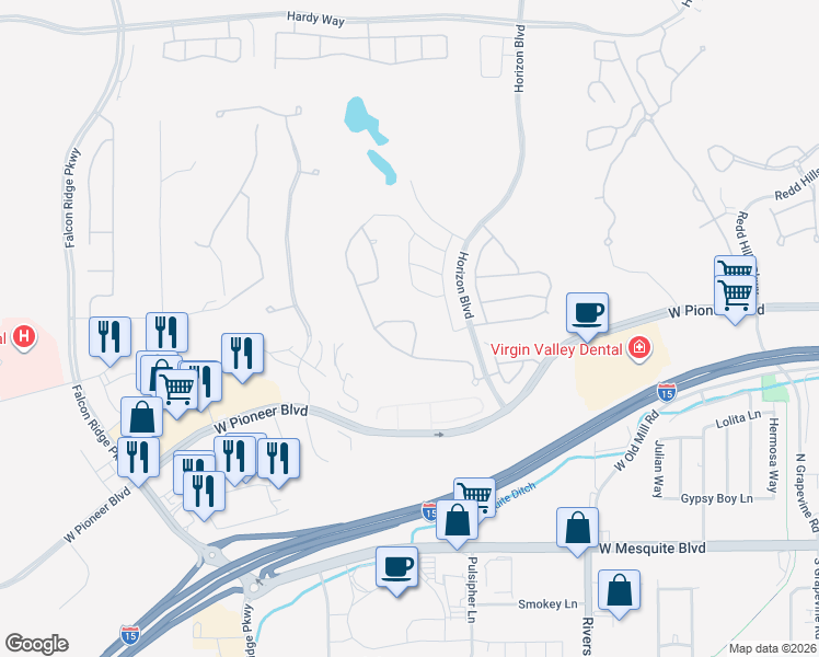 map of restaurants, bars, coffee shops, grocery stores, and more near 955 Crestview Drive in Mesquite