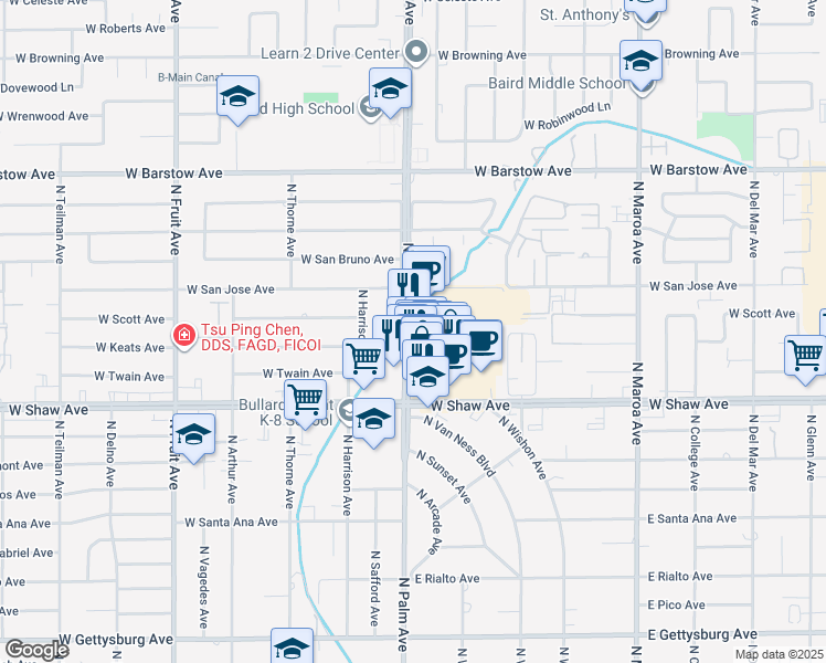 map of restaurants, bars, coffee shops, grocery stores, and more near 5126 N Palm Ave in Fresno