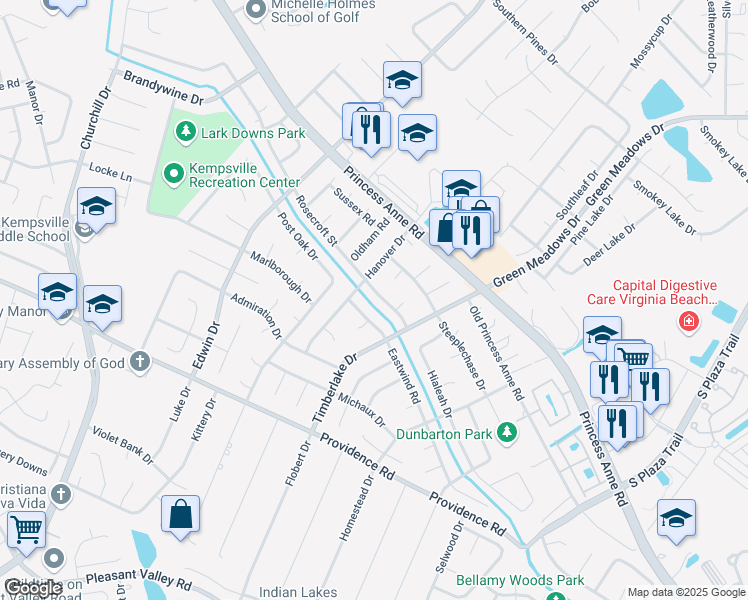 map of restaurants, bars, coffee shops, grocery stores, and more near 4691 Rosecroft Street in Virginia Beach