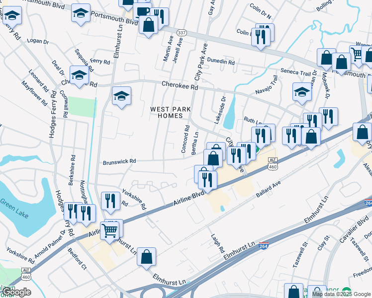 map of restaurants, bars, coffee shops, grocery stores, and more near 405 Concord Road in Portsmouth