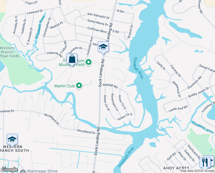 map of restaurants, bars, coffee shops, grocery stores, and more near 1920 Rosemary Lane in Chesapeake